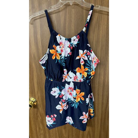 NWOT Ladies Plus Kona Sol Blue Floral Tankini Swm Top - 16W - Picture 1 of 4